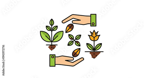Hands nurturing plants and seeds symbolizing growth and care.