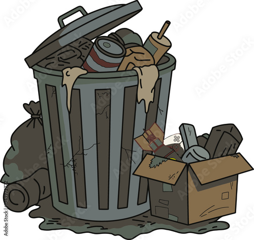 Trash Can with Garbage Overflow.