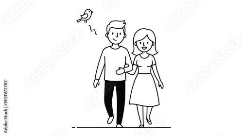 Love's Walk: a couple strolling arm-in-arm, accompanied by a small, flying bird symbolizing freedom, journey, and togetherness. Simple line art captures a gentle romantic moment.