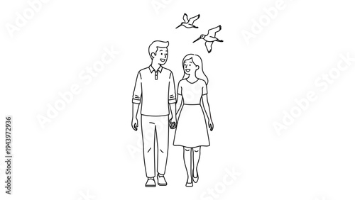 Couple's Leisure Walk: A couple holding hands strolls along, under a sky where bird soars in graceful flight.