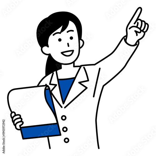 資料を見ながら遠くを指差す医師の女性