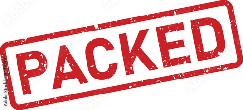 A vibrant red PACKED grunge rubber stamp is clearly visible on a clean, bright white surface