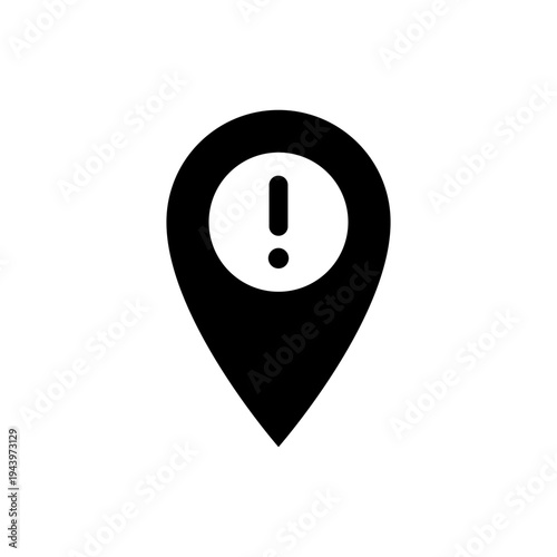 Location pin icon with exclamation mark warning symbol. Map pointer with alert sign. Black GPS marker with info or hazard exclamation point