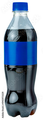 Carbonated soft drink bottle with blue cap and blank blue label isolated on white background with clipping path, beverage packaging mockup with copy space for branding and advertising.PNG File.