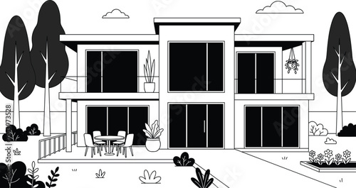 Modern two-story residential house elevation featuring contemporary architectural design, outdoor patio dining, and stylized landscape gardening.