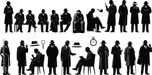 Vintage detective silhouettes collection, men in trench coats and fedora hats with magnifying glass pipe notebook, film noir mystery investigators group