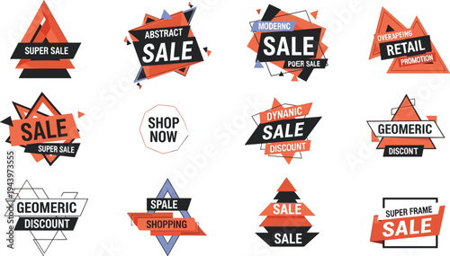 Dynamic Sale and Discount Geometric Label Set with Bold Shapes, Colors, and Shopping Promotion Designs