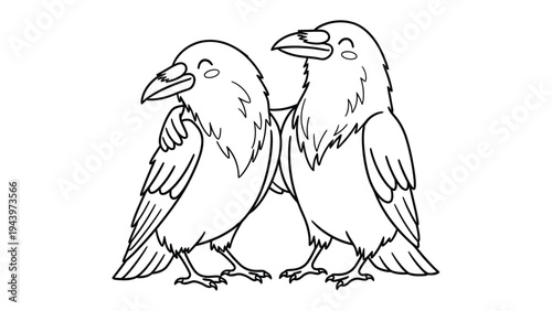 Two Ravens Embrace: A charming, hand-drawn illustration depicts two ravens in a close embrace, their eyes closed in a moment of shared affection and camaraderie. A symbol of friendship and loyalty.