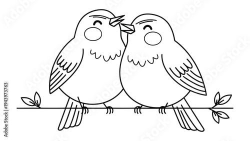 Affectionate Duo: Two cheerful birds perched on a delicate branch share a sweet moment of affection, their outlines a testament to love and companionship.