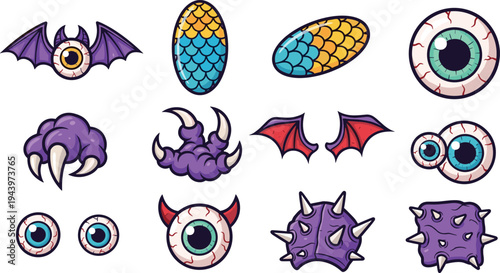 Fun Monster Eyes and Creature Features Set with Bats, Spikes, and Colorful Patterns for Halloween or Fantasy Designs