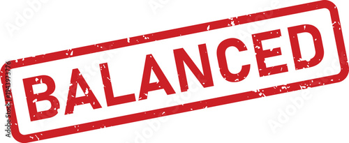 A vibrant red rubber stamp with a grunge texture showing the word BALANCED inside a rectangular frame
