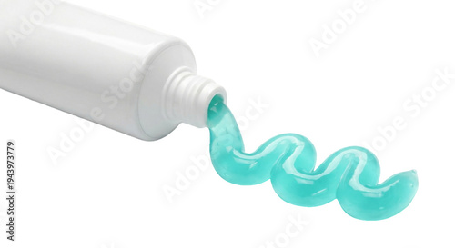 Close-up of a white unbranded tube with a swirl of turquoise gel toothpaste on transparent background. Blue gel toothpaste being squeezed from a white tube, symbolizing fresh oral hygiene . 
