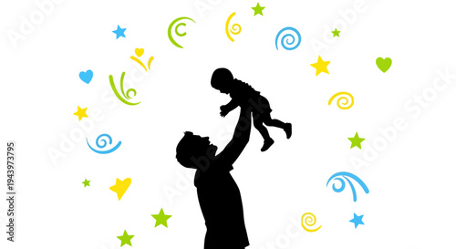 Silhouette of man holding baby.