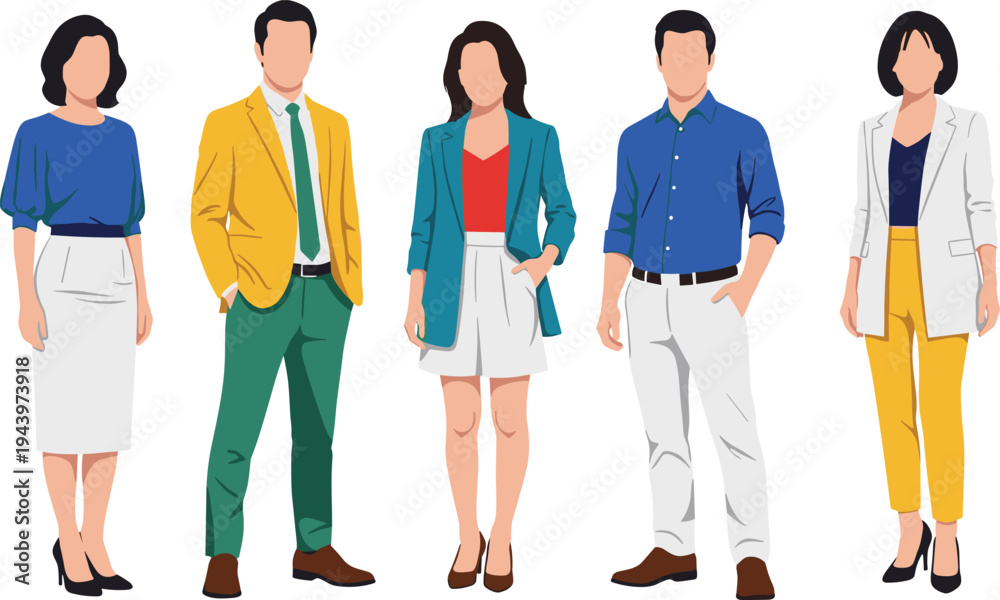 Obraz premium Vibrant professional group in colorful blazers, shirts, trousers, skirts, vector fashion illustration, modern business casual style, diverse office attire collection