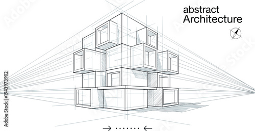 Modular cubic architectural study featuring a two-point perspective grid, cantilevered geometric volumes, and technical drafting lines.