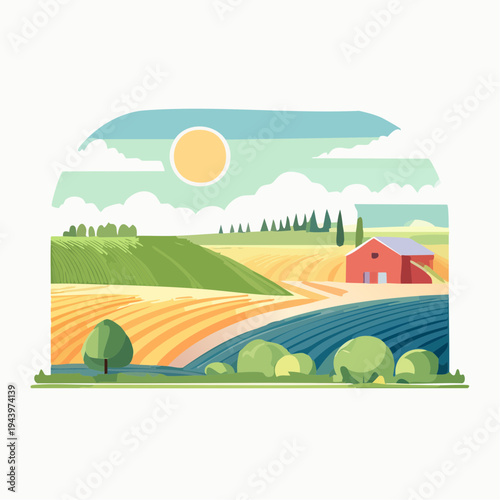Idyllic rural landscape illustration featuring sun-kissed fields, lush greenery, and a cozy red barn under a serene blue sky