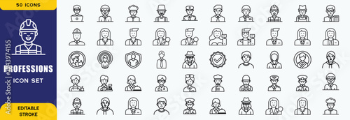People Professions Line Art Icon Set with Diverse Careers Jobs Avatars and Occupational Characters Collection