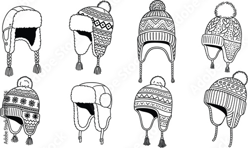 Winter Hat Set with Different Patterns and Pom-poms for Cold Weather Accessories in Black and White