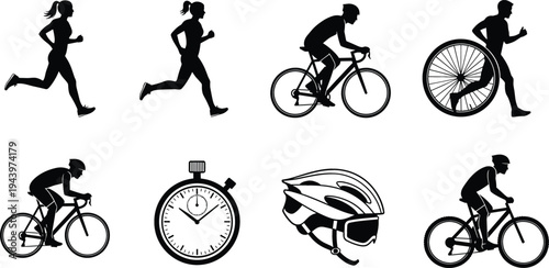 Running and Cycling Sports Icon Set with Athlete Silhouettes, Bicycle Rider, Stopwatch Timer, Helmet and Fitness Training Activity Symbols