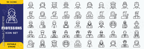 People Professions Line Art Icon Set with Diverse Careers Jobs Avatars and Occupational Characters Collection