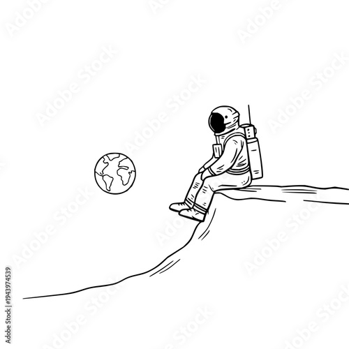 Conceptual digital art illustration of an astronaut in a space suit sitting thoughtfully on a cliff edge, observing a distant Earth in the cosmic void.
