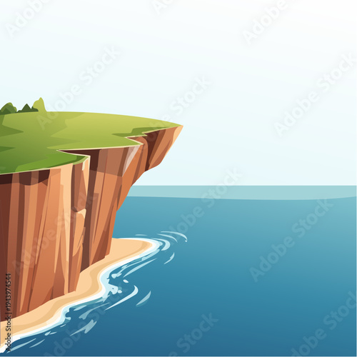 Coastal cliff overlooking a tranquil blue ocean with gentle waves lapping the shore
