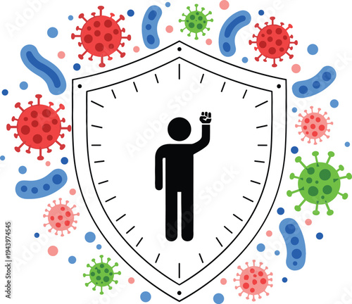 Human Immune Protection Shield Concept with Virus and Bacteria Around, Health Defense Illustration for Immunity, Infection Prevention and Medical Safety Awareness