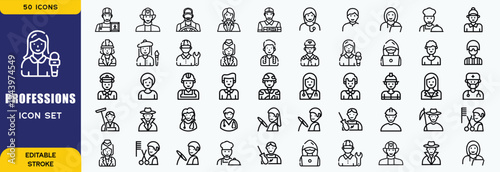Profession Icons Grid. Outline icon set of professions: doctor, engineer, teacher, chef, artist, firefighter,