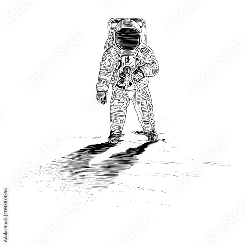 Conceptual digital art illustration of an astronaut in a detailed space suit standing on a textured alien surface, casting a dramatic long shadow under a distant light.