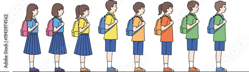 School Children Standing in Line with Backpacks Collection, Students Waiting in Queue Illustration for Education, Classroom Activities and Back to School Concept