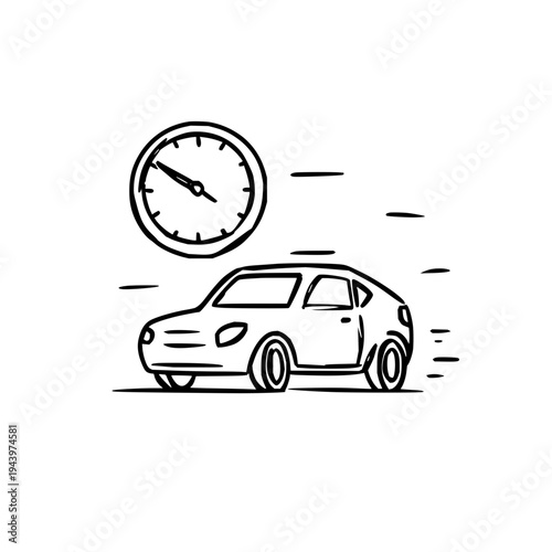 Dynamic digital illustration of a car in swift motion, accompanied by a speedometer icon, conceptualizing speed, efficiency, and rapid transport.