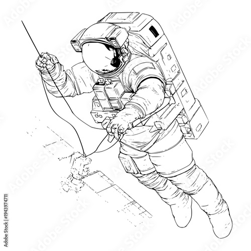 Detailed line art illustration of an astronaut in a full spacesuit, tethered during a conceptual spacewalk, isolated digital artwork.
