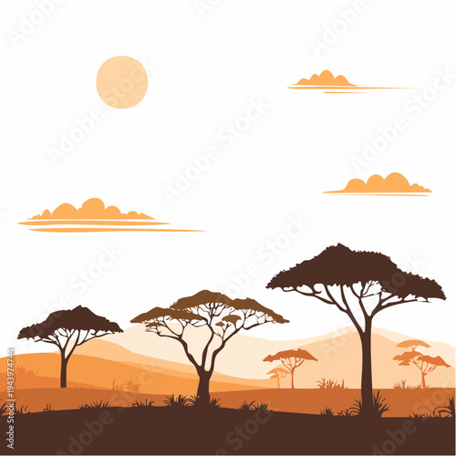 Vibrant African Savanna Landscape with Iconic Acacia Trees Under a Warm Golden Sunset Sky