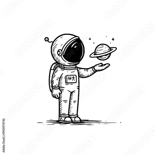 Conceptual digital illustration of a charming astronaut holding a small ringed planet, surrounded by sparkling stars.