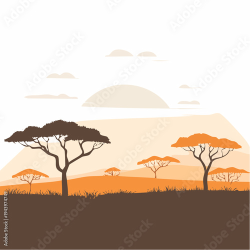 African savanna landscape with acacia trees at sunset or sunrise