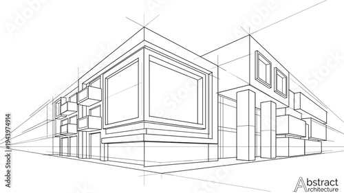 Professional architectural wireframe sketch of modern building in two-point perspective with construction lines and balcony details