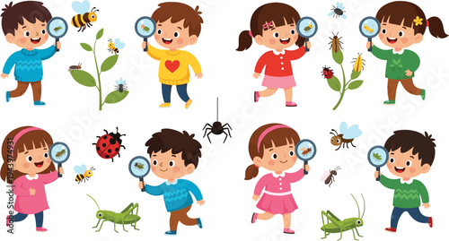Kids Exploring Insects with Magnifying Glass Collection, Children Studying Bugs and Nature Discovery Educational Illustration for Science Learning and School Activity Design