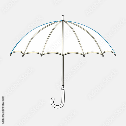 Open white umbrella with a curved handle on a light gray background
