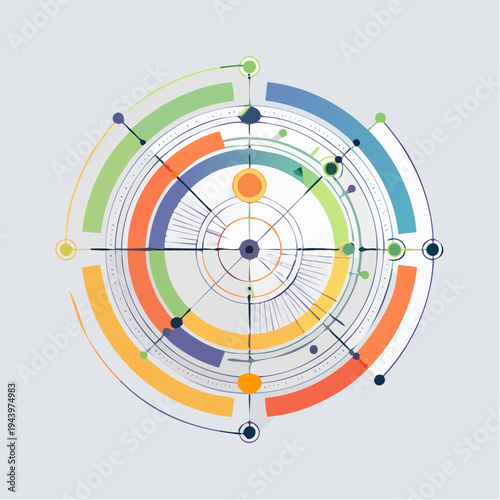 Abstract circular data visualization with interconnected technological elements and colorful infographic design