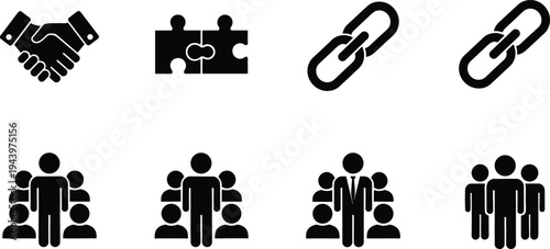 Teamwork and Partnership Icon Set with Handshake Agreement, Puzzle Connection, Chain Link, Leadership Figure and Business Team Group Symbols