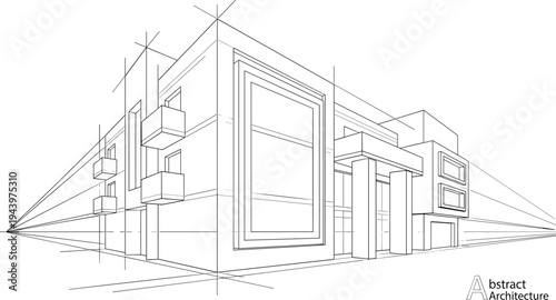 Professional architectural wireframe sketch of modern residential building in two-point perspective with balconies and construction lines