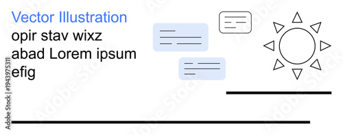 Content creation, communication, web design, data visualization, digital resources, education. Minimal composition with text blocks, speech bubbles and sun icon. Communication and content creation