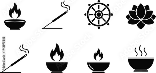 Meditation and Spiritual Icon Set with Incense Stick, Lotus Flower, Dharma Wheel and Ritual Fire Bowl Symbols for Yoga and Mindfulness Design