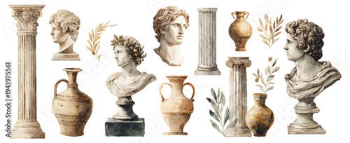 Watercolor Greek columns and ancient vases create elegant Mediterranean design elements. Hand-drawn antique architecture with olive branches and classical column details.
