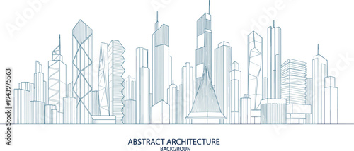 Expansive architectural skyline of a modern metropolitan district featuring avant-garde skyscraper silhouettes, a triangular glass pavilion, and clean blue line-work.