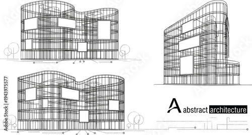 Professional architecture wireframe elevation set of high-density parametric building with organic facades and integrated advertising billboard panels