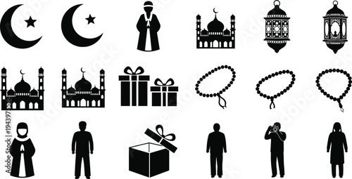Islamic Ramadan Icon Set with Crescent Moon, Mosque, Lantern, Prayer Beads, Muslim People Silhouettes and Gift Boxes for Eid Celebration Design