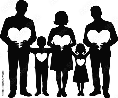 Loving blended family with hearts symbolizing love and unity