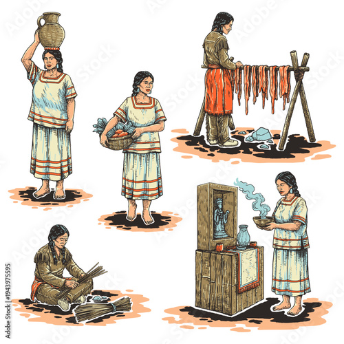 Native American traditional daily life activities set indigenous culture vector illustration collection