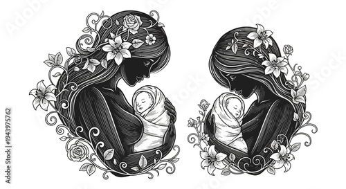 Mother and baby love embrace profile.